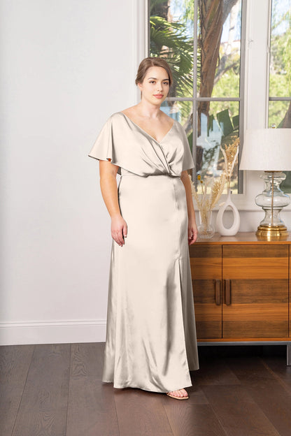 Elegant Plus Size A-Line V-Neck Flutter Sleeve V-Back Floor Length Bridesmaid Dress