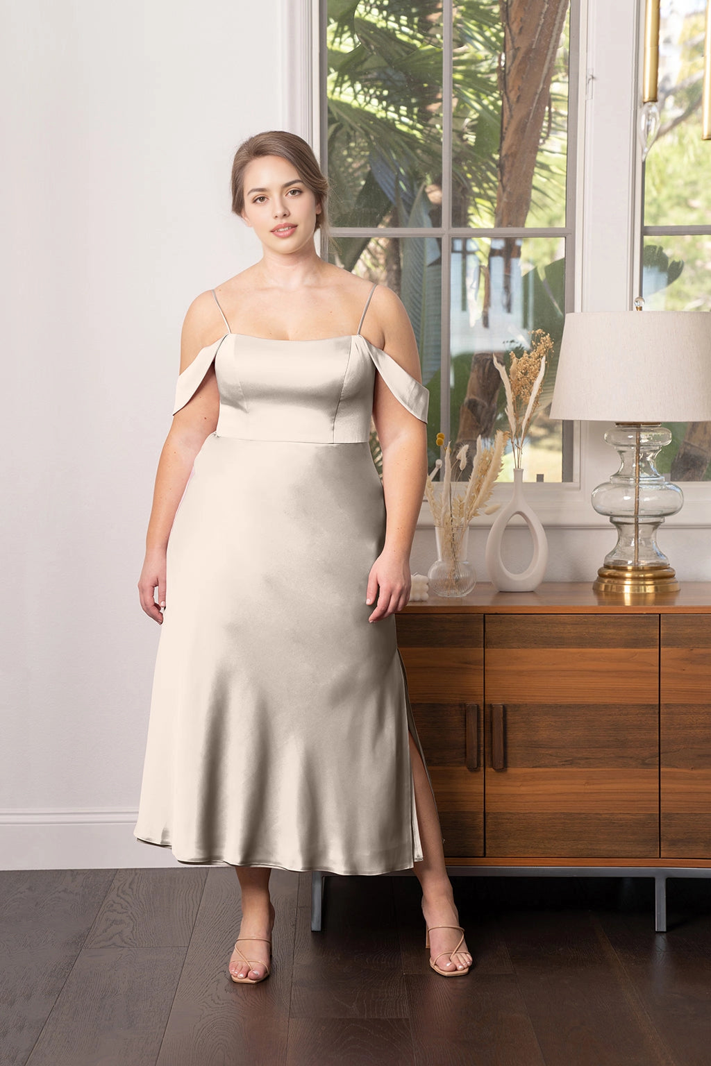 Elegant A-Line Straight Neck Off Shoulder Zipper Back Plus Size Bridesmaid Dress