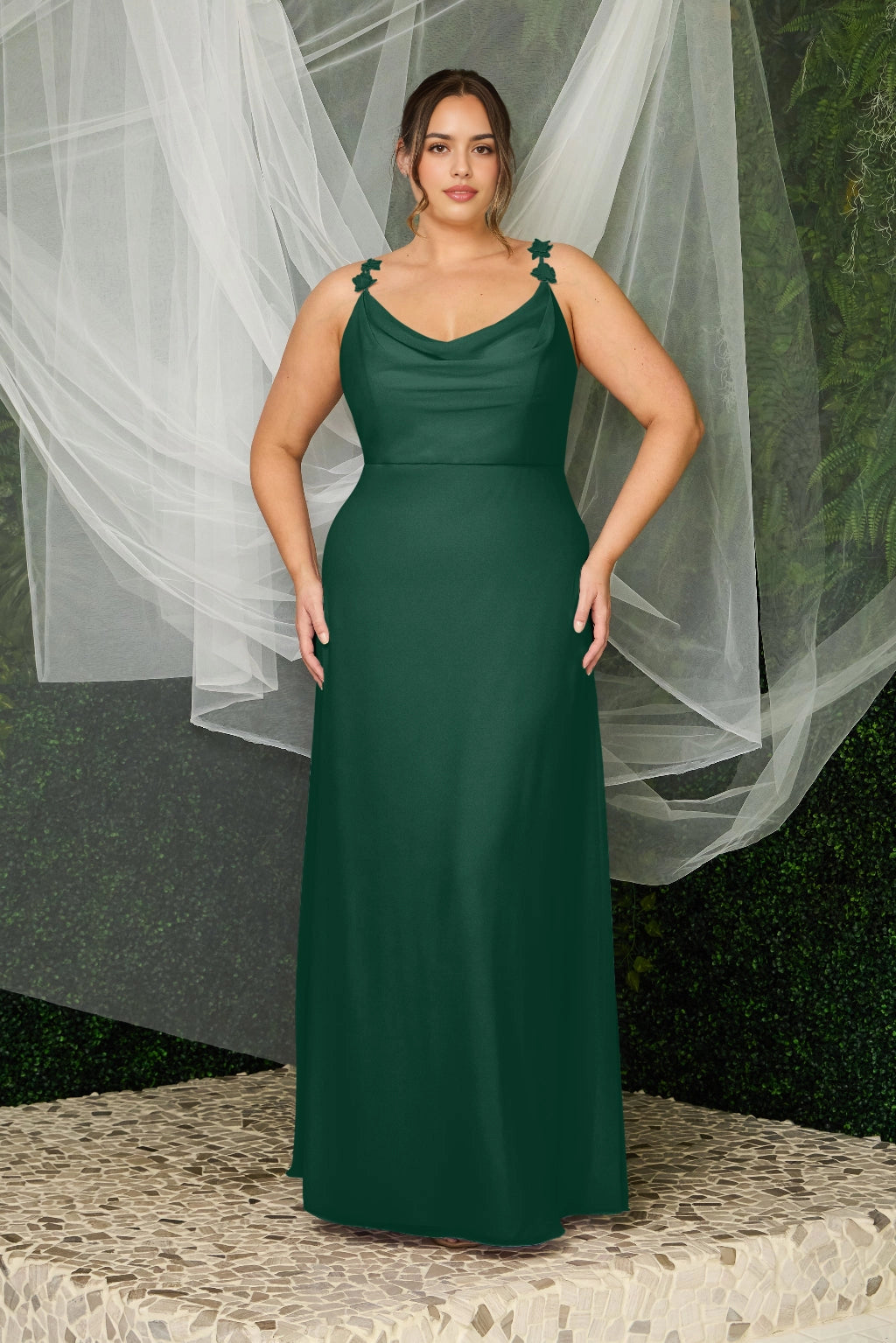 Elegant Plus Size A-Line Cowl Neck Floral Strap V-Back Maxi Bridesmaid Dress