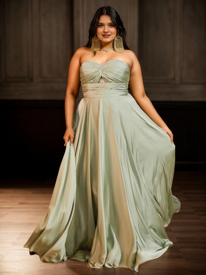 Black Satin A‑Line Sweetheart Strapless Closed‑Back Maxi Plus Size Wedding Guest Dress