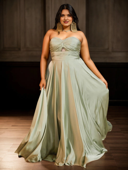 Black Satin A‑Line Sweetheart Strapless Closed‑Back Maxi Plus Size Wedding Guest Dress