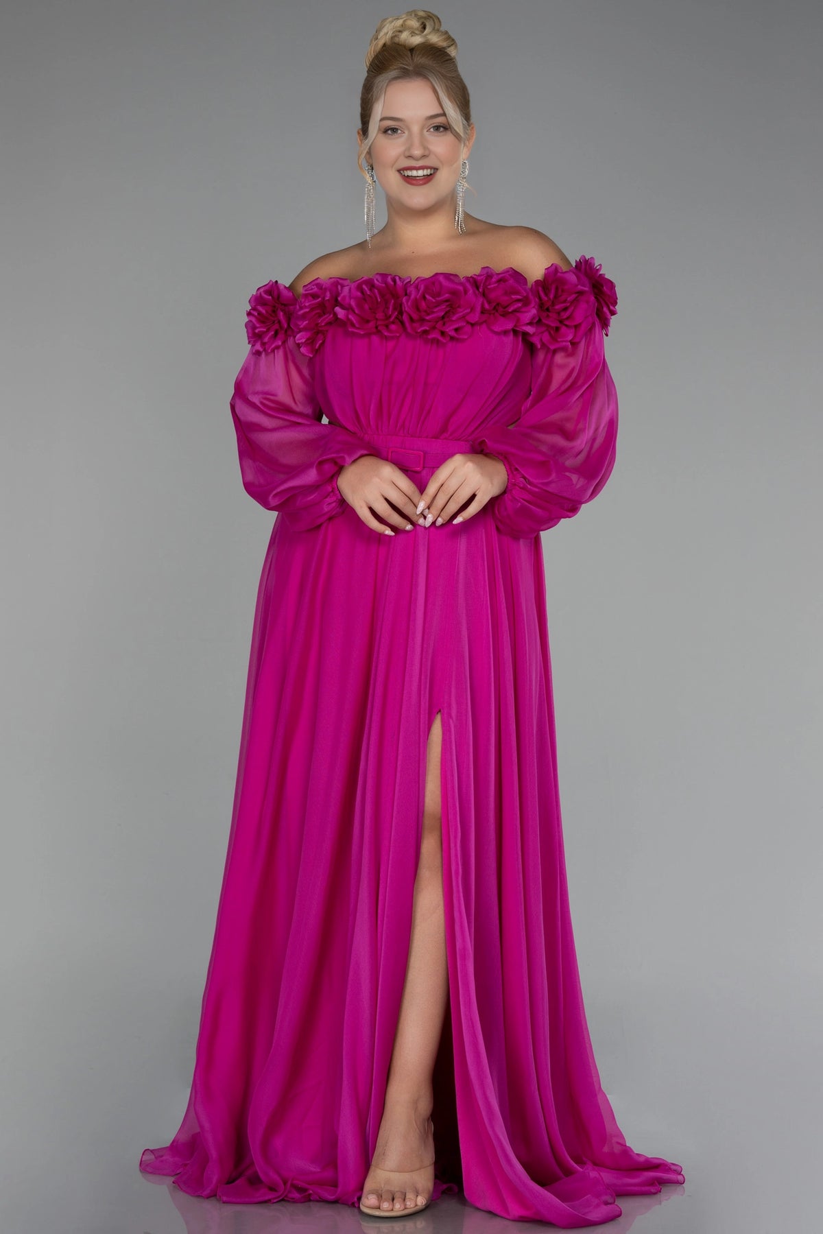 Elegant A-Line Square-Neck Sheer-Sleeve Zipper-Back Floor-Length Plus Size Wedding Guest Dress