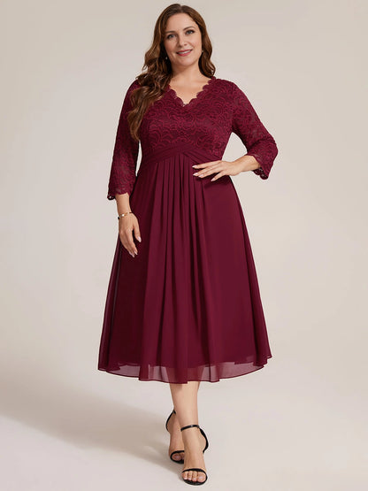 Elegant Plus Size A-Line V-Neck Three-Quarter-Sleeve Lace-Back Midi Mother of Bride Dress