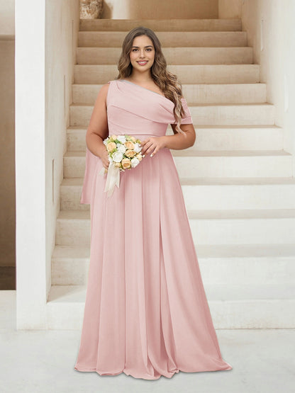 Roselledress Chic A-Line One Shoulder Draped Sleeve Zipper Back Floor Length Plus Size Mother Of The Bride Dress