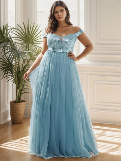 Glamorous A‑Line Off‑The‑Shoulder Cap‑Sleeve V‑Back Floor‑Length Plus Size Prom Dress