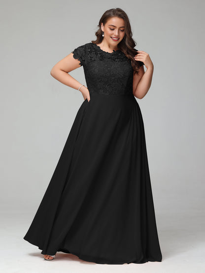 Elegant A‑Line Scalloped Neck Cap Sleeve Keyhole Back Floor Length Plus Size Mother Of The Bride Dress