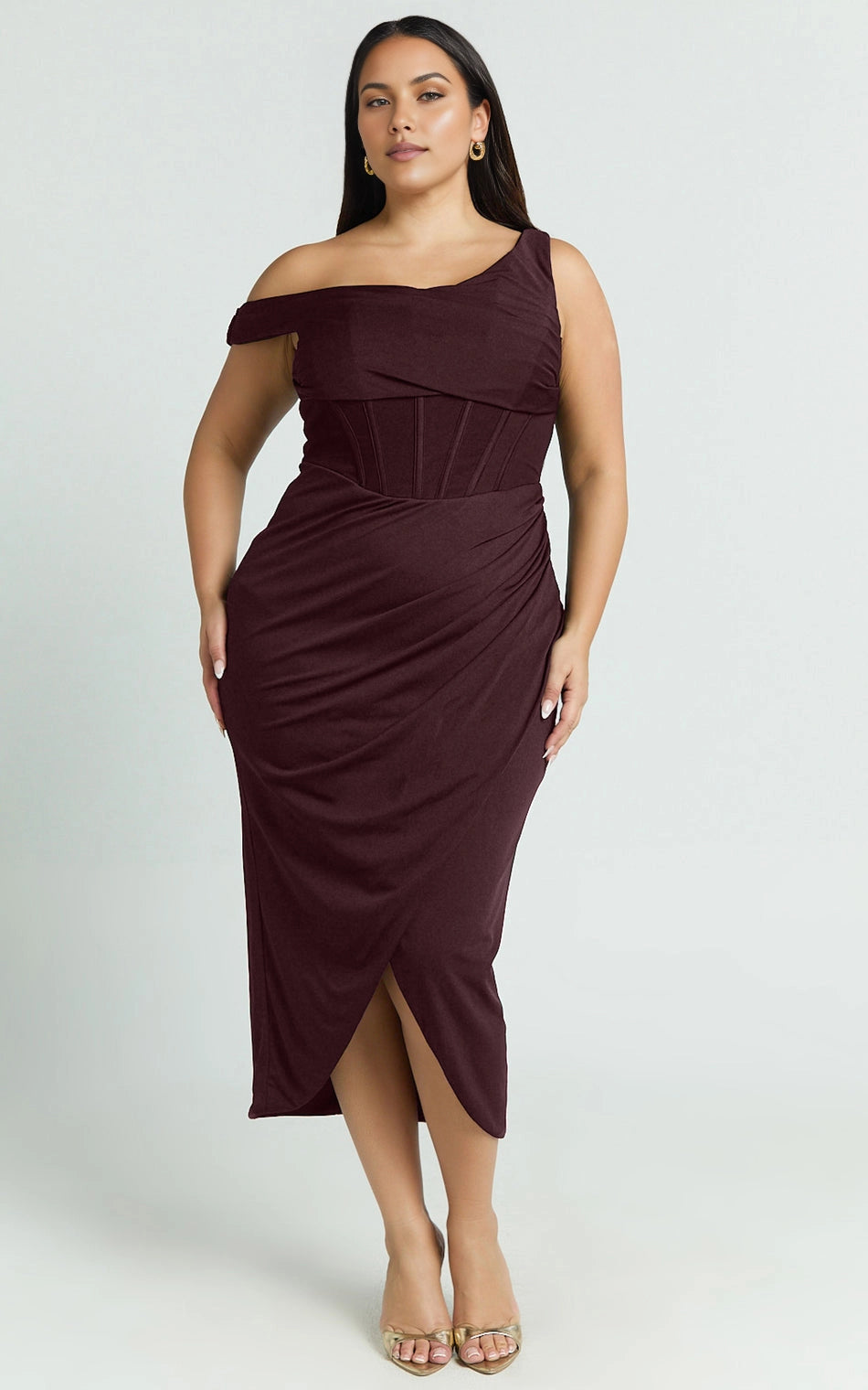 Back view Roselledress burgundy midi prom dress off‑shoulder v‑back zipper closure plus size cocktail evening gown