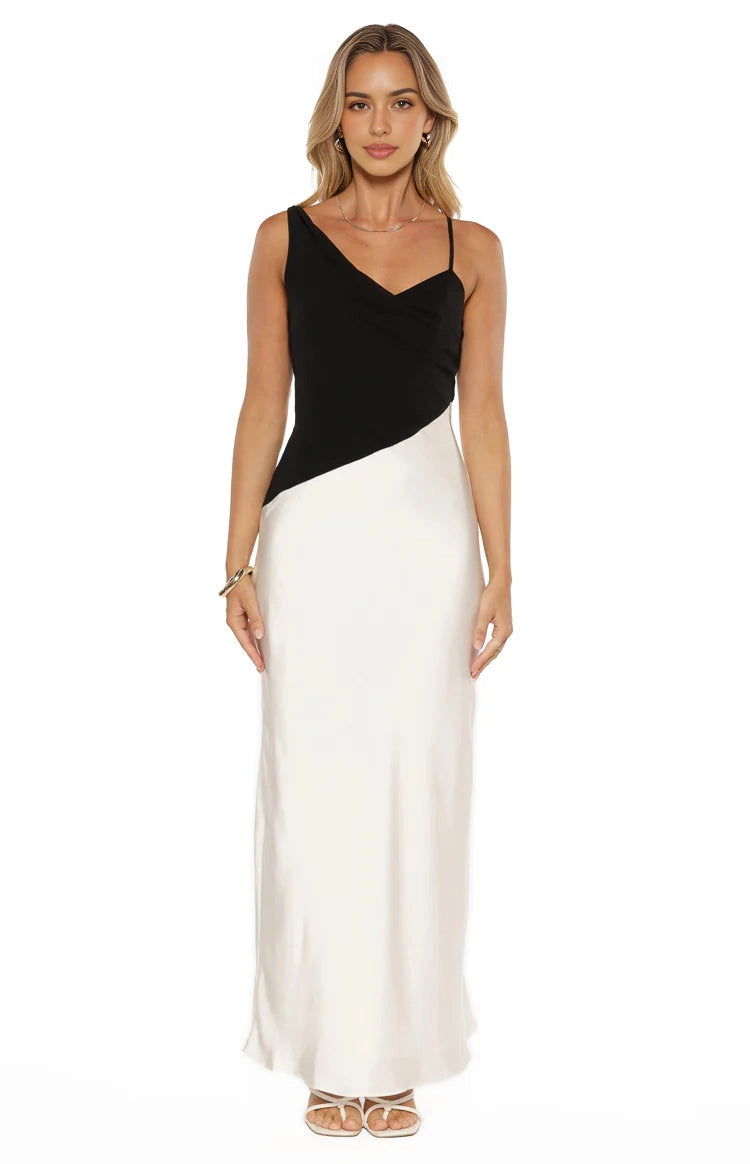 RoselleDress Black White Colorblock Asymmetrical V Neck prom Dress