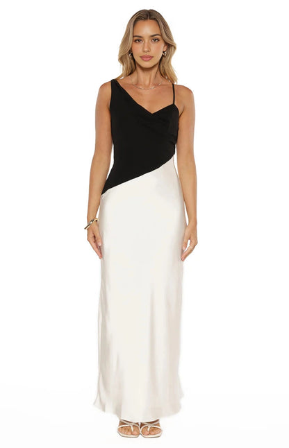 RoselleDress Black White Colorblock Asymmetrical V Neck prom Dress