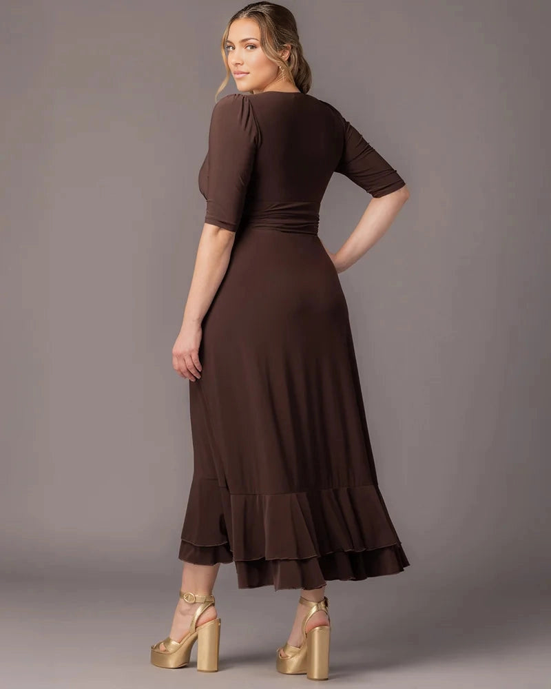 Elegant Wrap V‑Neck 3/4 Sleeve Ruffle‑Hem Floor‑Length Plus Size Wedding Guest Dress