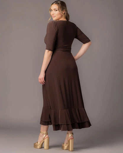 Elegant Wrap V‑Neck 3/4 Sleeve Ruffle‑Hem Floor‑Length Plus Size Wedding Guest Dress