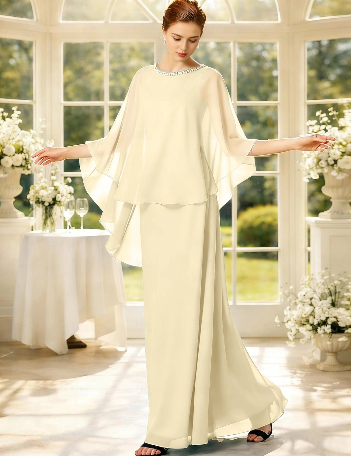 Black Straight Jewel‑Neck Cape‑Sleeve Closed‑Back Floor‑Length Mother Of The Bride Dress