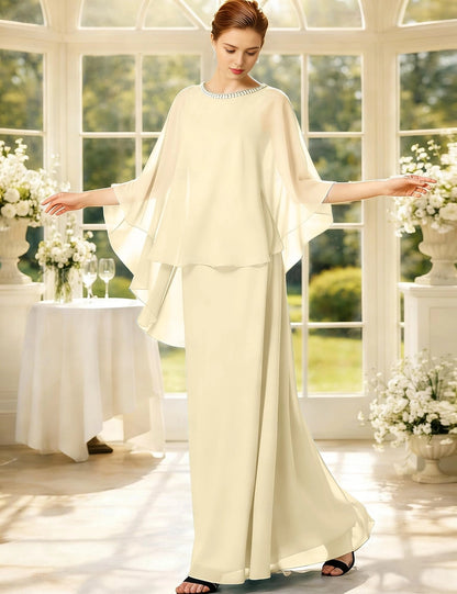 Black Straight Jewel‑Neck Cape‑Sleeve Closed‑Back Floor‑Length Mother Of The Bride Dress