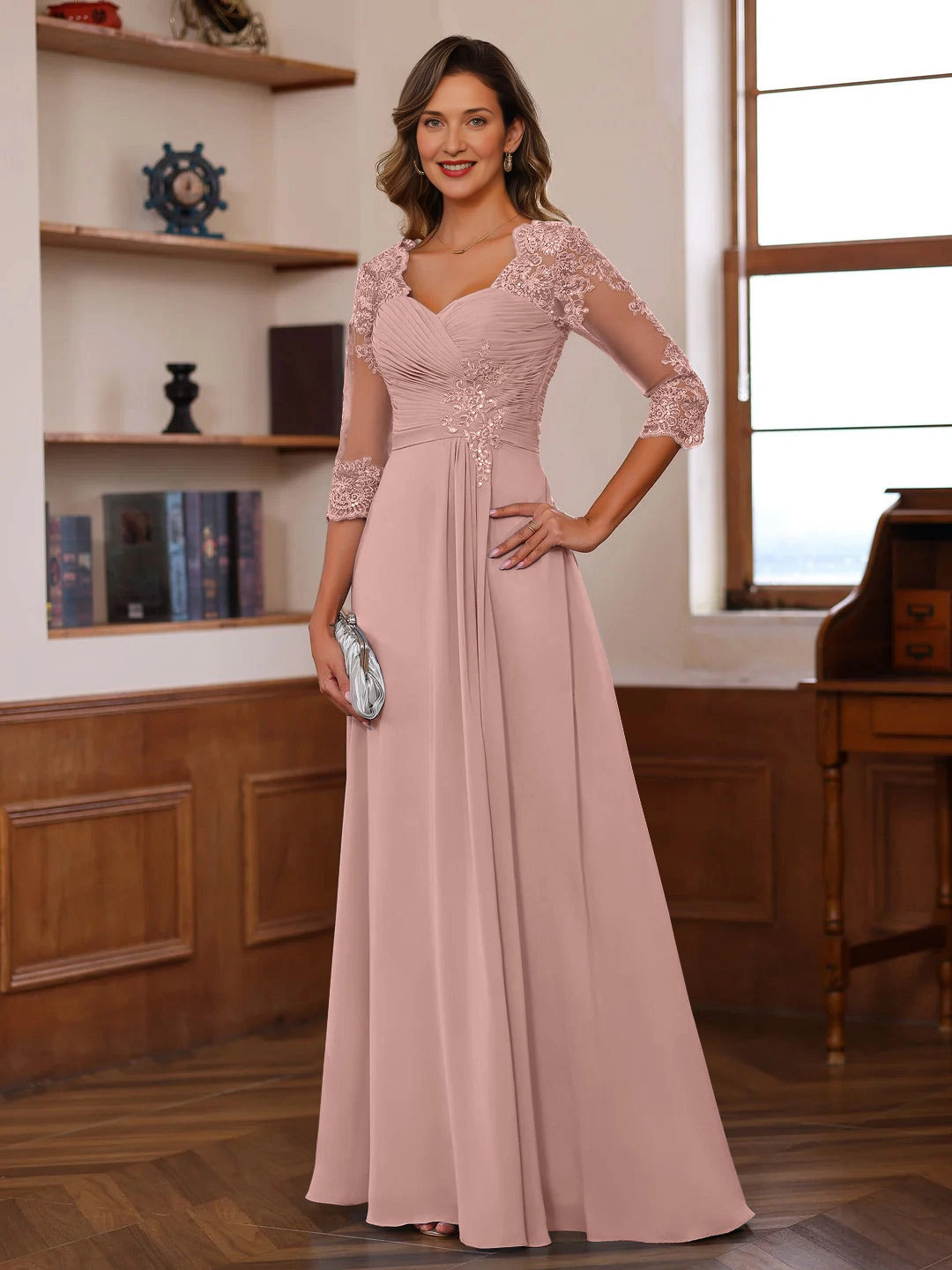 Elegant A-Line Sweetheart Neck Three-Quarter-Sleeve V-Back Floor-Length Mother of the Bride Dresses