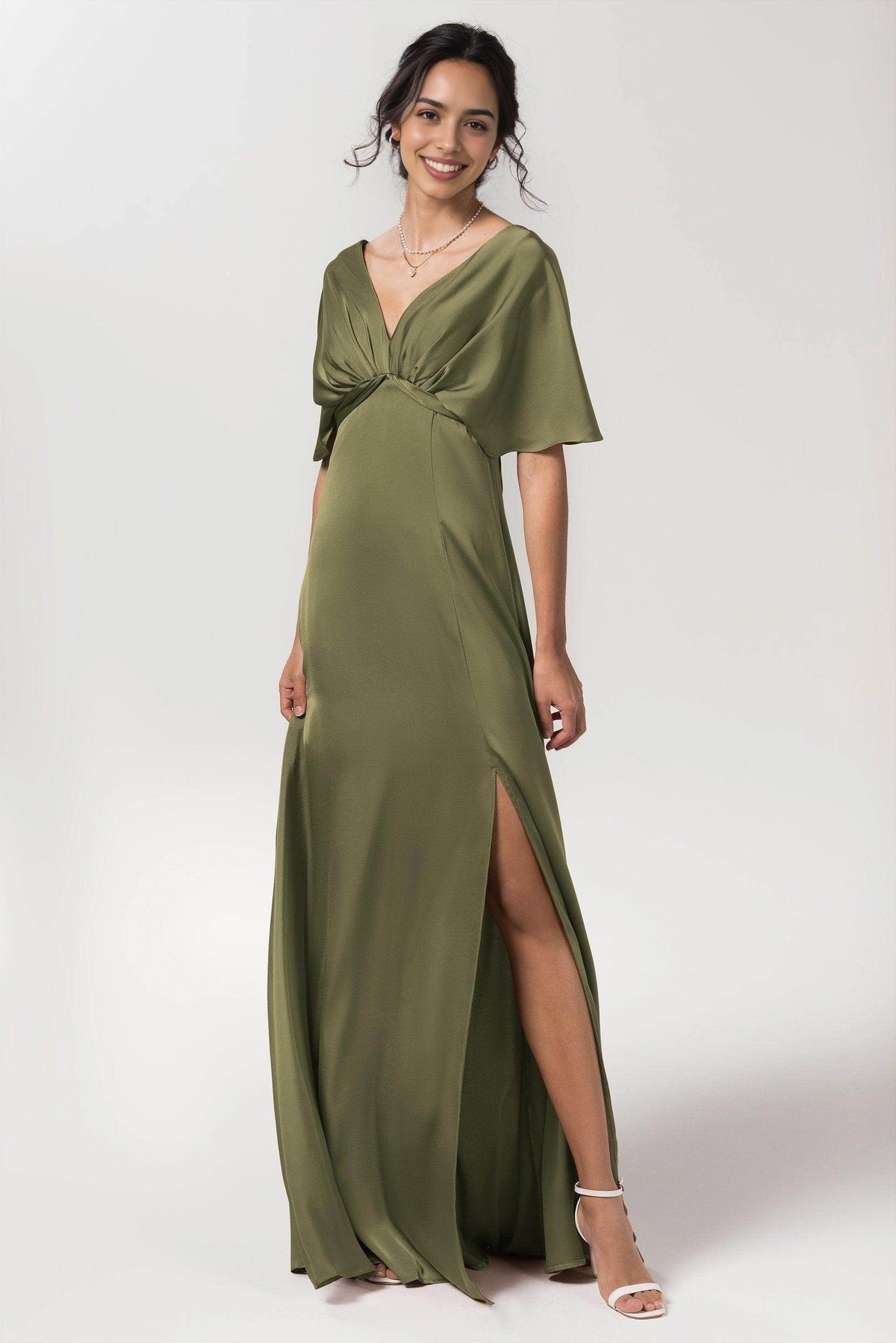 Elegant Plus Size Sheath V Neck Flutter Sleeve Bow Back Long Bridesmaid Dress