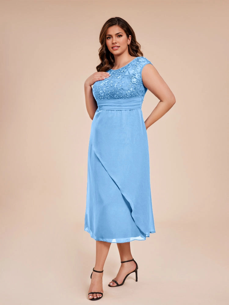 Charming A‑Line Bateau Neck Cap Sleeve V‑Back Midi Length Formal Plus Size Mother Of The Bride Dress