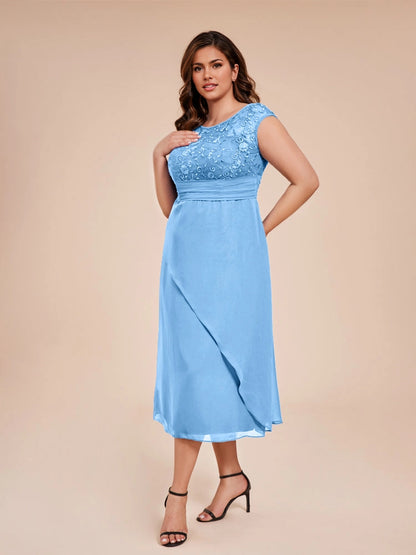 Charming A‑Line Bateau Neck Cap Sleeve V‑Back Midi Length Formal Plus Size Mother Of The Bride Dress