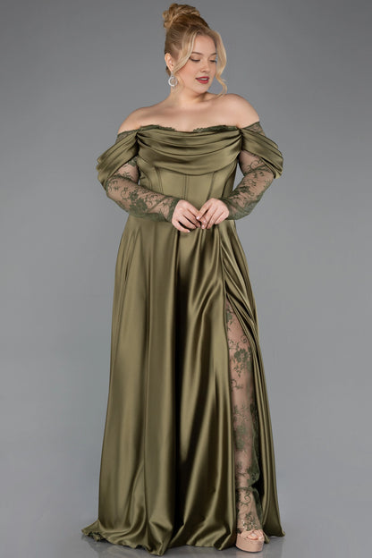 Elegant A-Line Off-Shoulder Lace-Sleeve Zipper-Back Floor-Length Plus Size Wedding Guest Dress