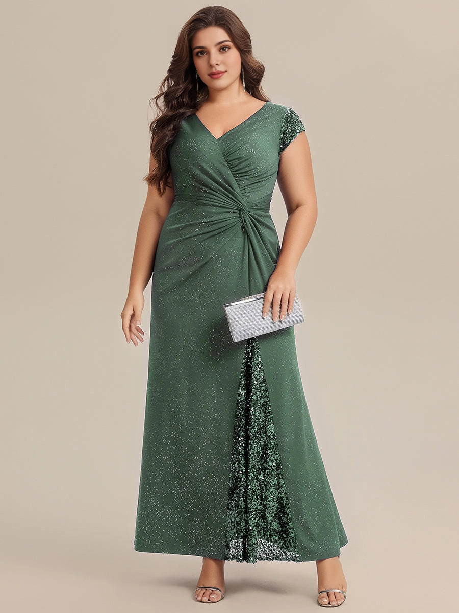 Roselledress Glitter Mermaid Deep V Cap Sleeve V Back Floor Length Plus Size Wedding Guest Dress