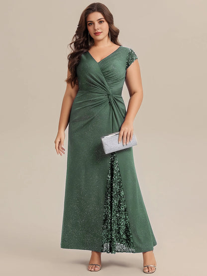 Roselledress Glitter Mermaid Deep V Cap Sleeve V Back Floor Length Plus Size Wedding Guest Dress