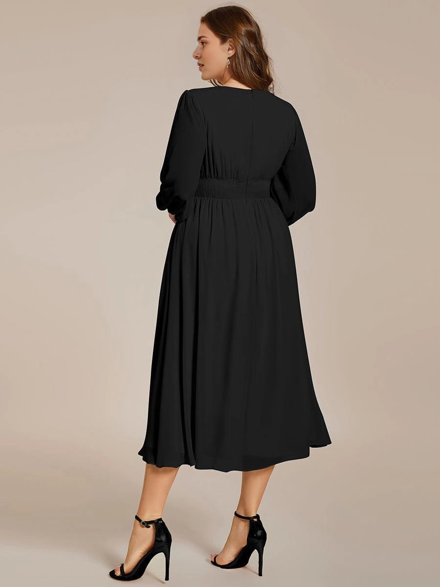 Roselledress Emerald A-Line V-Neck Lantern-Sleeve Solid-Zip-Back Midi Plus Size Weeding Guest Dress