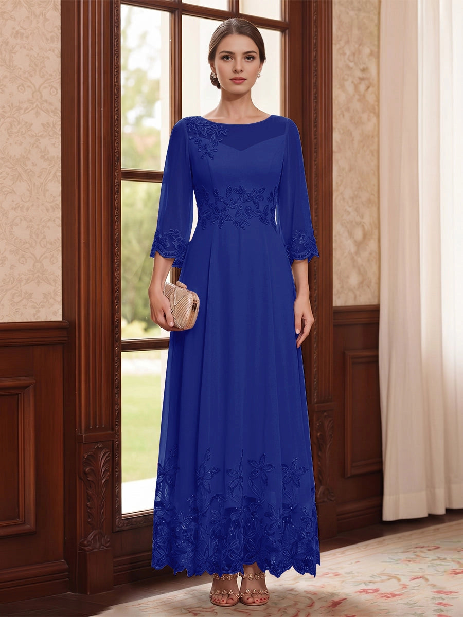 Elegant A Line Round 3/4 Sleeve Illusion Back Lace Long Mother Of Bride Dress