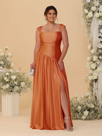 Stunning Champagne A‑Line Convertible‑Neck Ruched Zip‑Back High‑Slit Floor‑Length Bridesmaid Dress