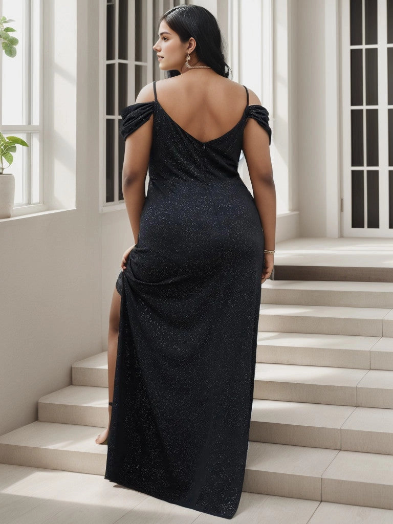 Roselledress black glitter plus size formal dress deep v‑back cold shoulder evening gown back view