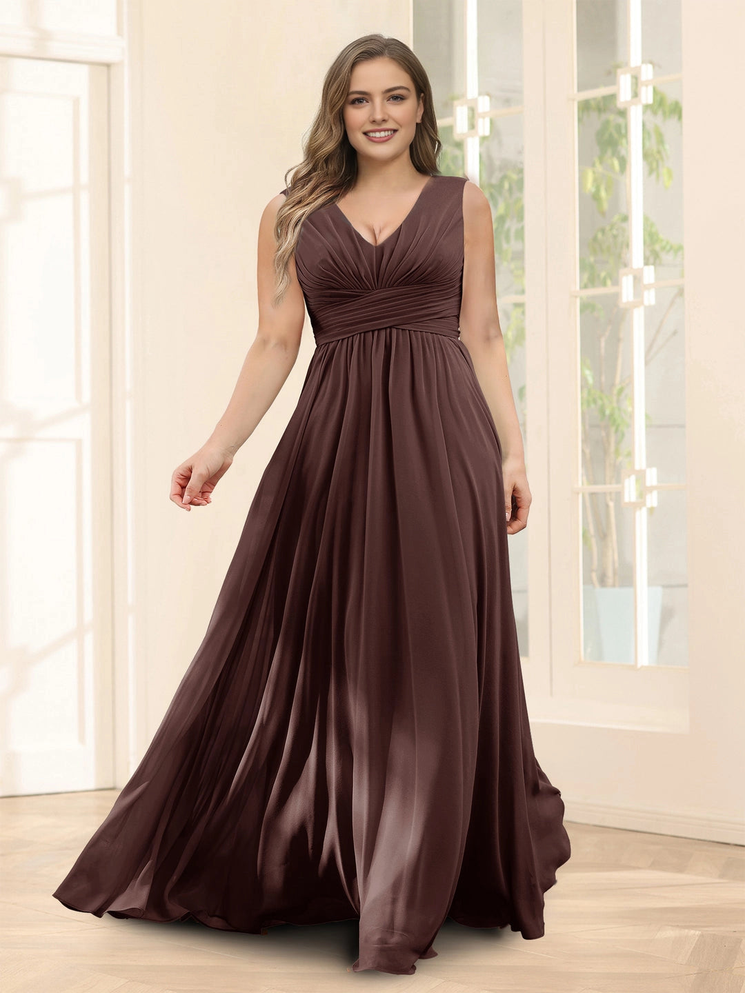 Plus‑Size Sleeveless V‑Neck Empire Waist Chiffon A‑Line Floor‑Length Wedding Guest Dress