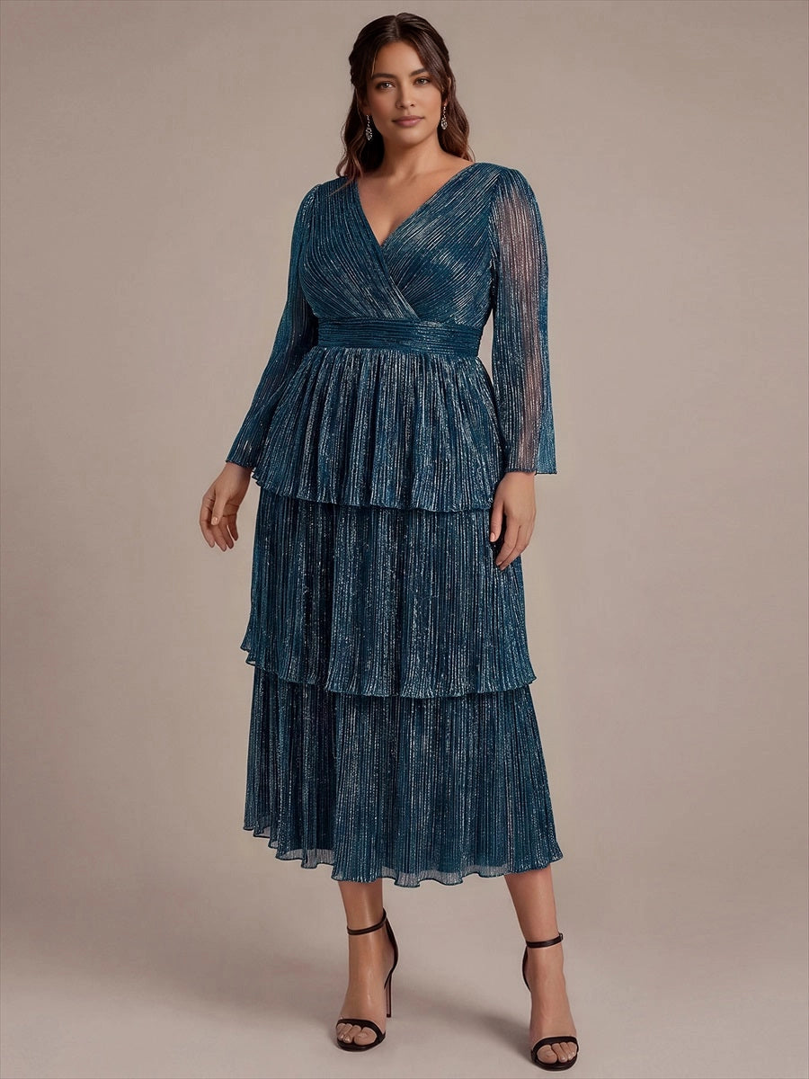Roselledress Metallic‑Shimmer Tiered Ruffle Sleeve Maxi Plus Size Wedding Guest Dress