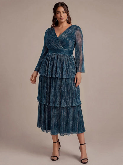 Roselledress Metallic‑Shimmer Tiered Ruffle Sleeve Maxi Plus Size Wedding Guest Dress