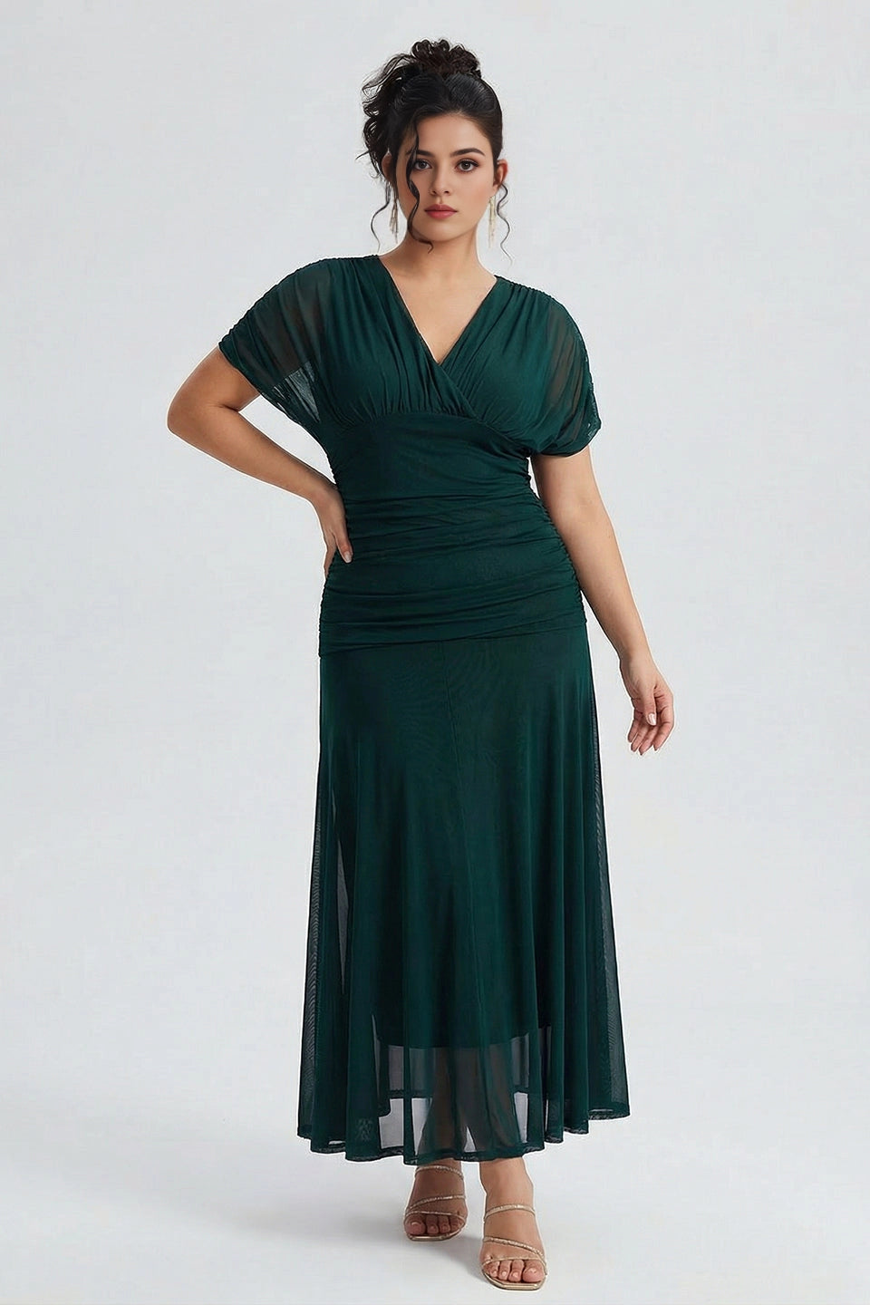 Chic Plus Size A‑Line Surplice‑V Flutter‑Sleeve Ruched‑Back Midi Mother Of Bride Dress