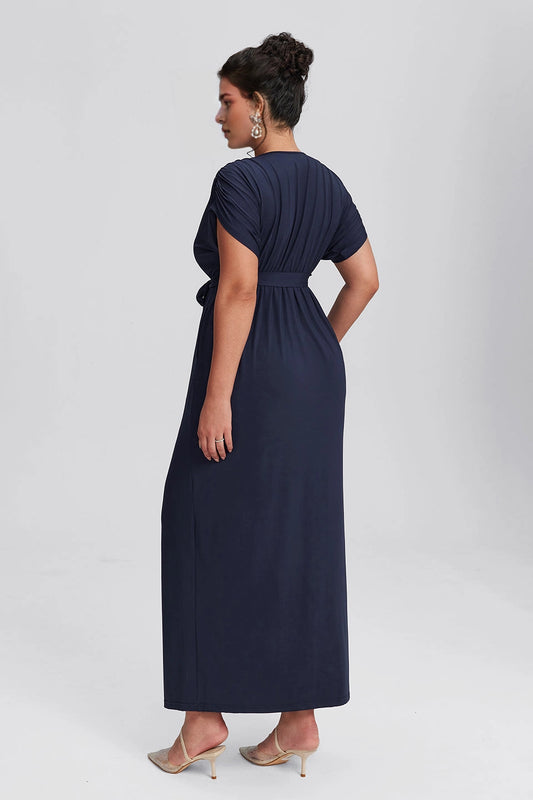Back view Roselledress navy plus size a‑line dress pleated back tie waist floor‑length formal party gown