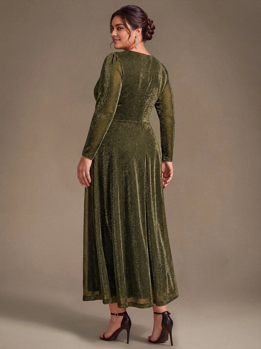 Roselledress Olive‑Green Plus‑Size Long‑Sleeve Twist‑Waist A‑Line Midi Mother of the Bride Dress