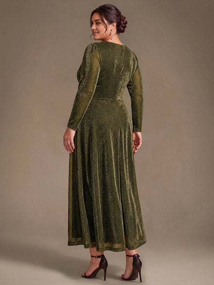Roselledress Olive‑Green Plus‑Size Long‑Sleeve Twist‑Waist A‑Line Midi Mother of the Bride Dress