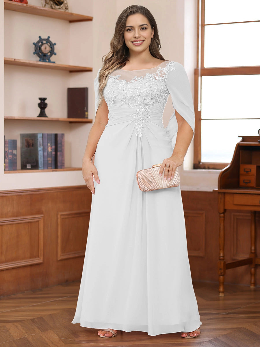 RoselleDress Dusty Rose A‑Line Illusion Round Neck Cape Sleeve Keyhole Back Plus Size Mother Of The Bride Dress