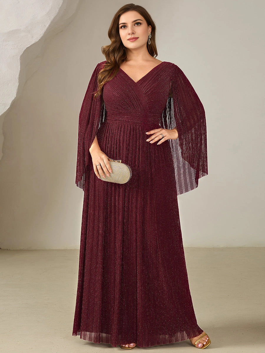 roselledress burgundy plus size wedding guest gown a-line v-neck glitter pleated cape sleeve floor-length formal dress front view