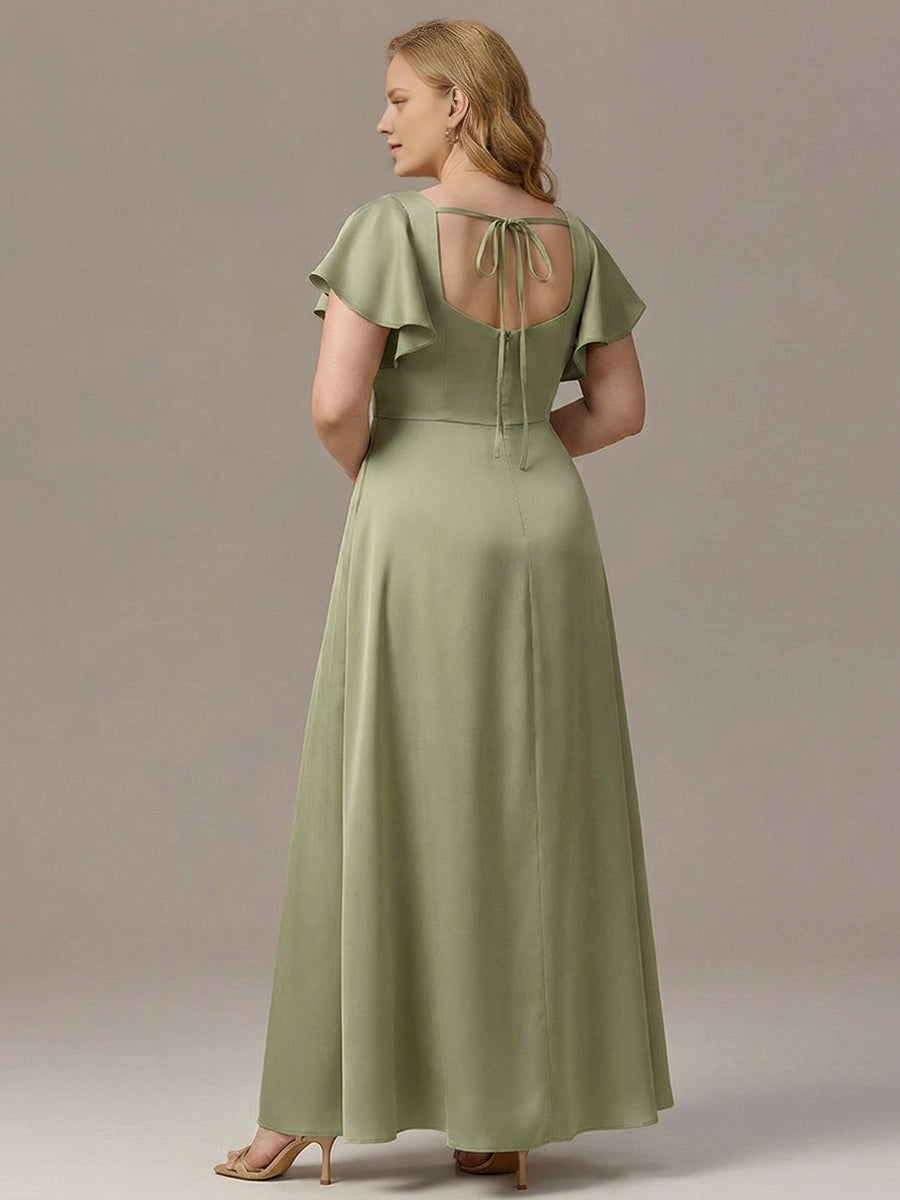 Roselledress satin bridesmaid dress open tie back vertical zipper floor length back view