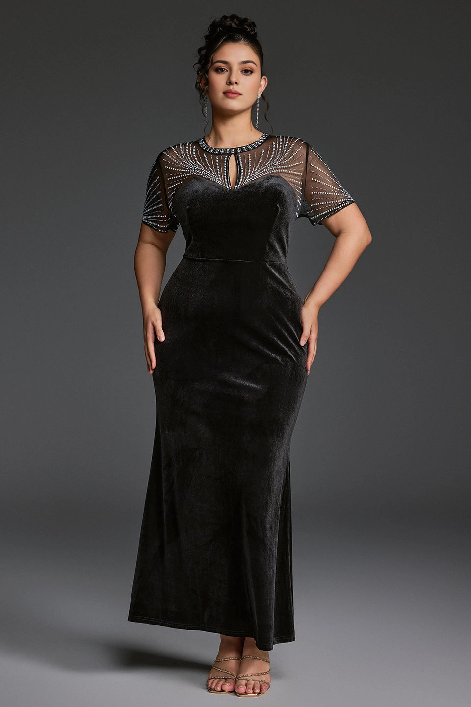 Plus Size Black Mermaid Keyhole‑Neck Short‑Sleeve Sheer‑Back Ankle‑Length Prom Dress