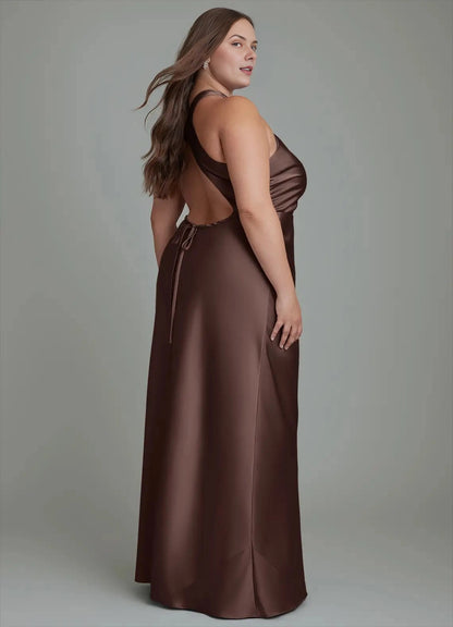 Roselle Dress plus size open back tie‑back chocolate satin bridesmaid dress back view