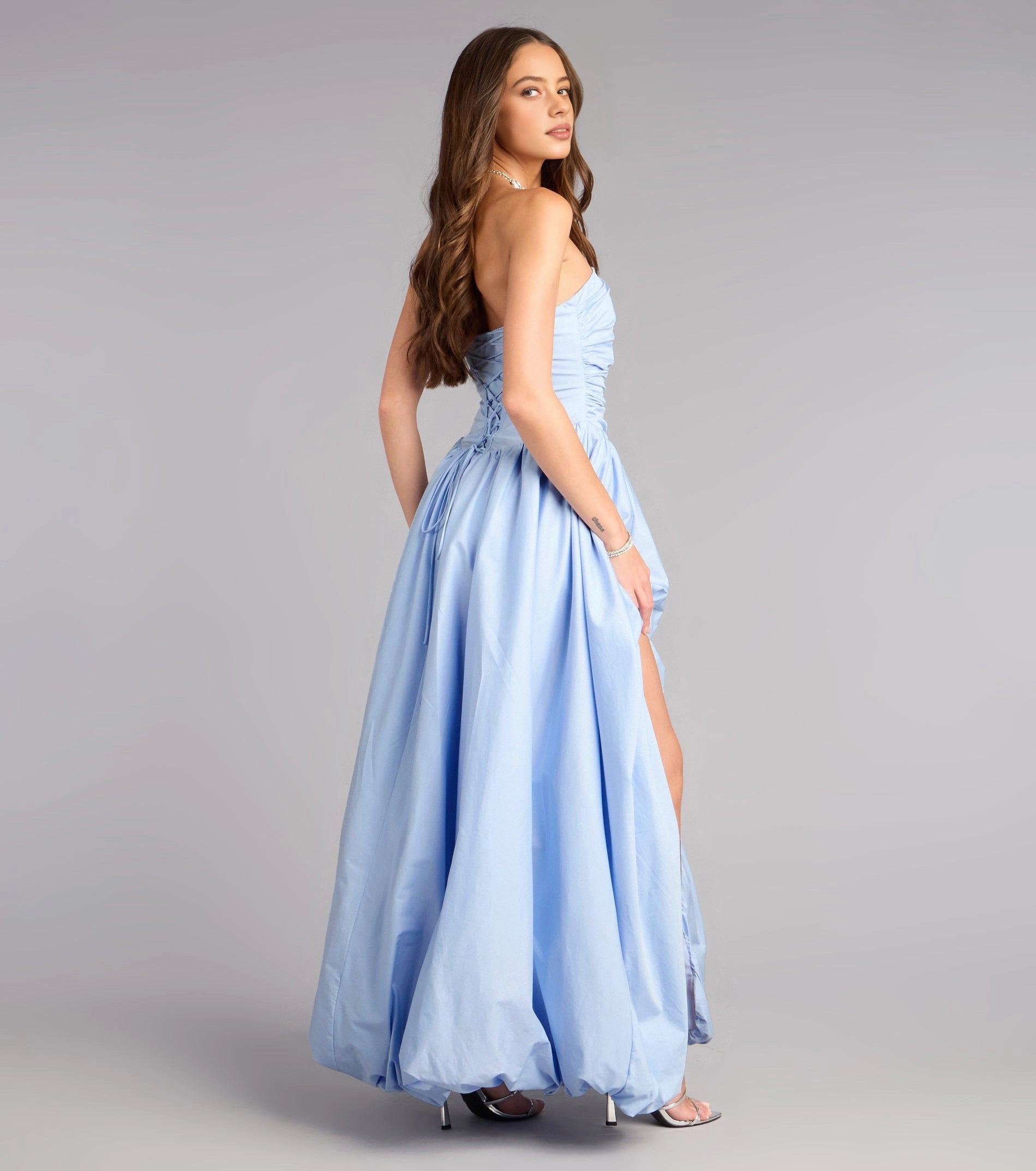 RoselleDress sky blue strapless corset lace up open back flowy long wedding guest gown
