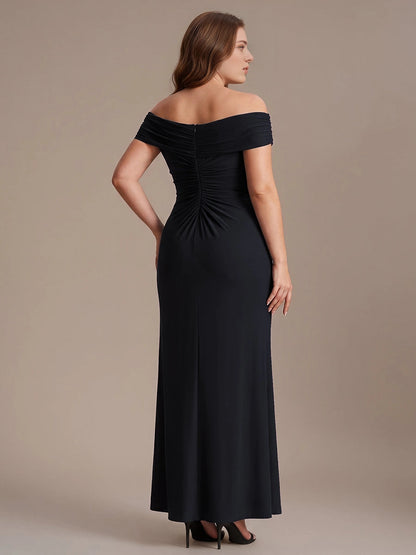 Roselledress Navy Ruched Mermaid Off Shoulder Short Sleeve Ruched Back Floor Length Plus Size Wedding Guest Dress 