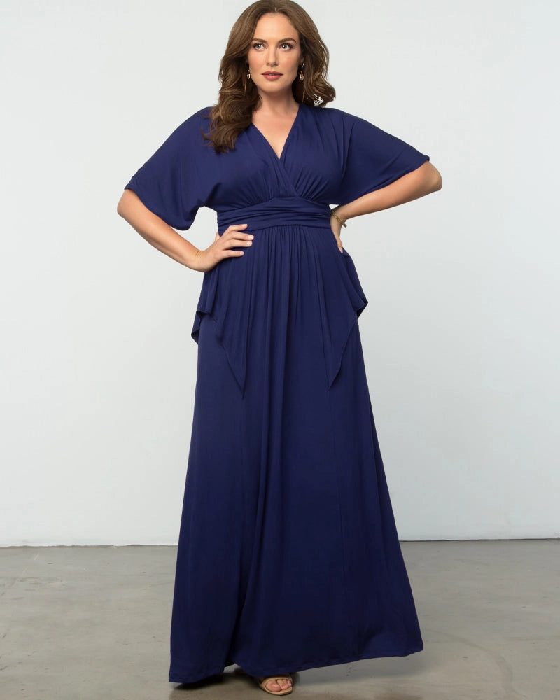Elegant Plus Size A-Line V-Neck Flutter Sleeve Closed Back Long Mother of the Bride Dress