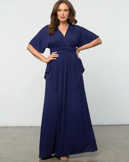 Elegant Plus Size A-Line V-Neck Flutter Sleeve Closed Back Long Mother of the Bride Dress