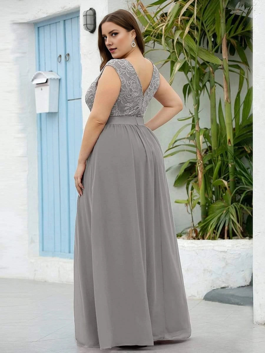 Romantic A-Line Round Cap Sleeve V-Back Sash Waist Floor-Length Plus Size Bridesmaid Dress
