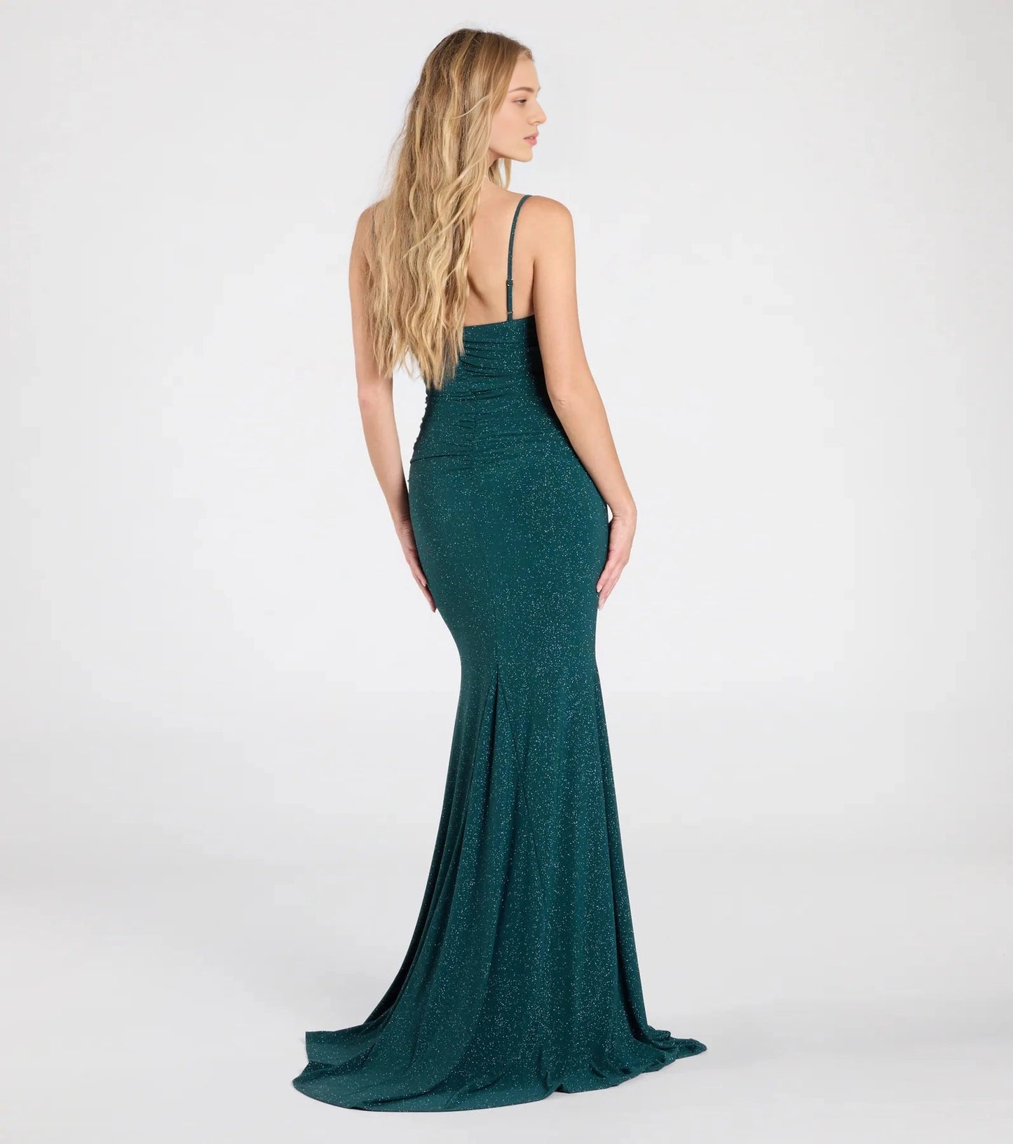 Roselledress Sparkle Mermaid Cowl Spaghetti Strap Zip-Back Train Maxi Plus Size Prom Dress