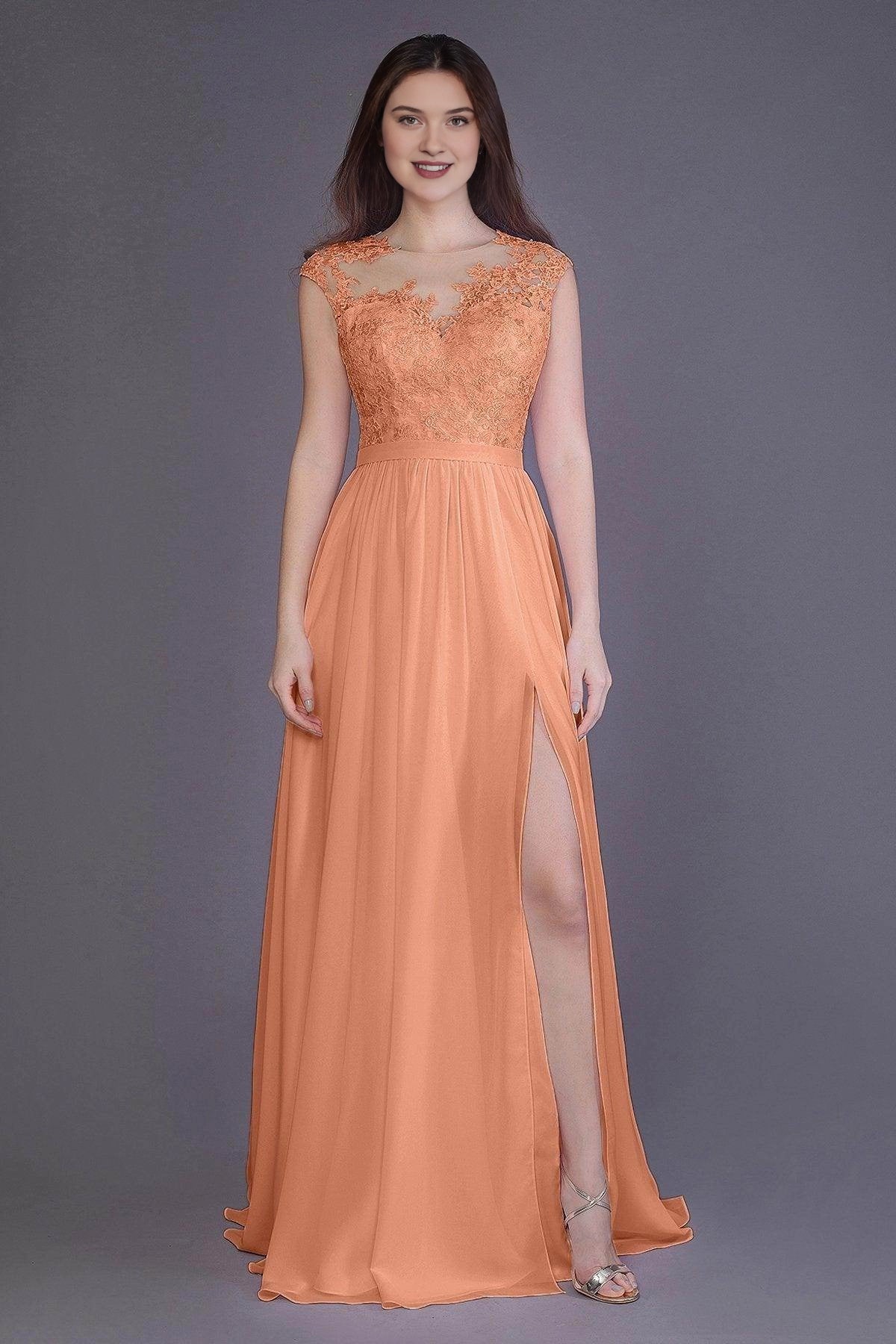 Plus Size Romantic Lace Chiffon A-Line Illusion-Neck Sleeveless Illusion-Back Floor-Length Bridesmaid Dress