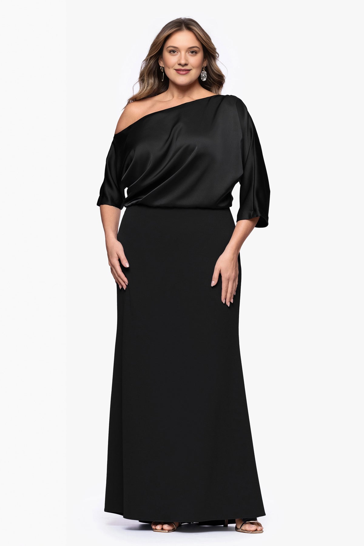 Plus Size Elegant Sheath Asymmetric Neck Draped Sleeve Maxi Mother of the Bride Dress