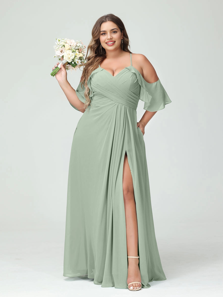 Romantic A‑Line V‑Neck Off Shoulder Keyhole Back Floor‑Length Sage Green Chiffon Slit Plus Size Mother Of The Bride Dress