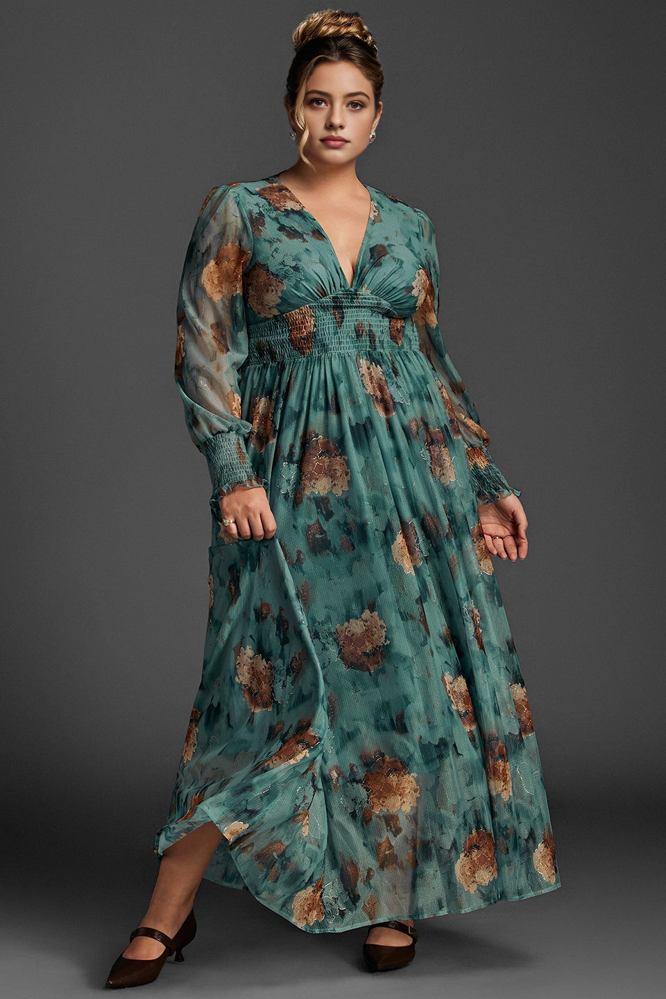 Flowy A-Line Deep V Sheer-Sleeve Plain-Back Midi Plus Size Floral Mother Of Bride Dress